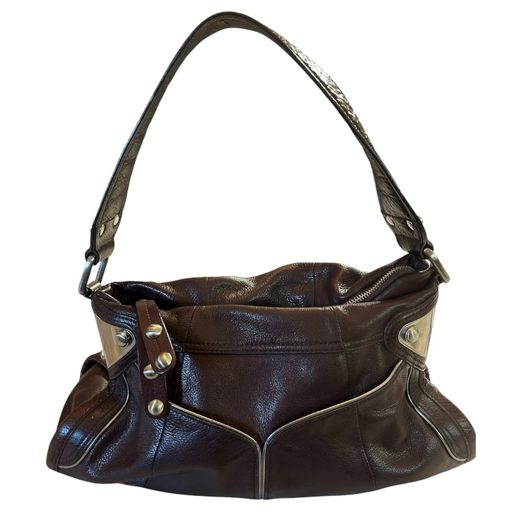 B. Makowsky Dark Brown Slouchy Brown Leather HoBo Shoulder Bag Metallic Details - Picture 17 of 17